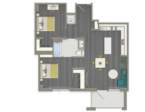 Floor plan for 2 beds, 1 bath, 860 sqft
